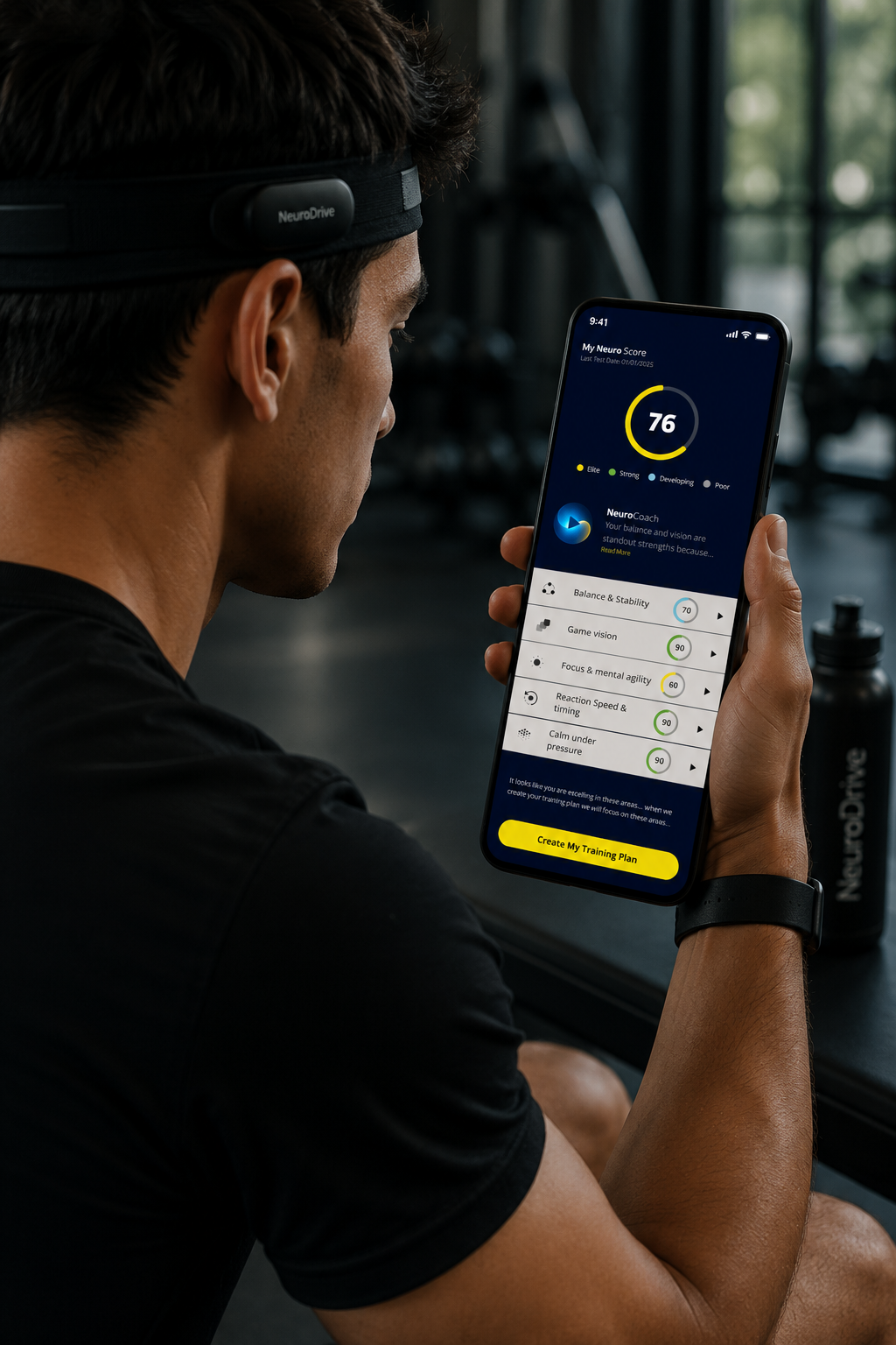 An athlete reviewing his NeuroScore and NeuroCoach recommendations in the NeuroDrive app