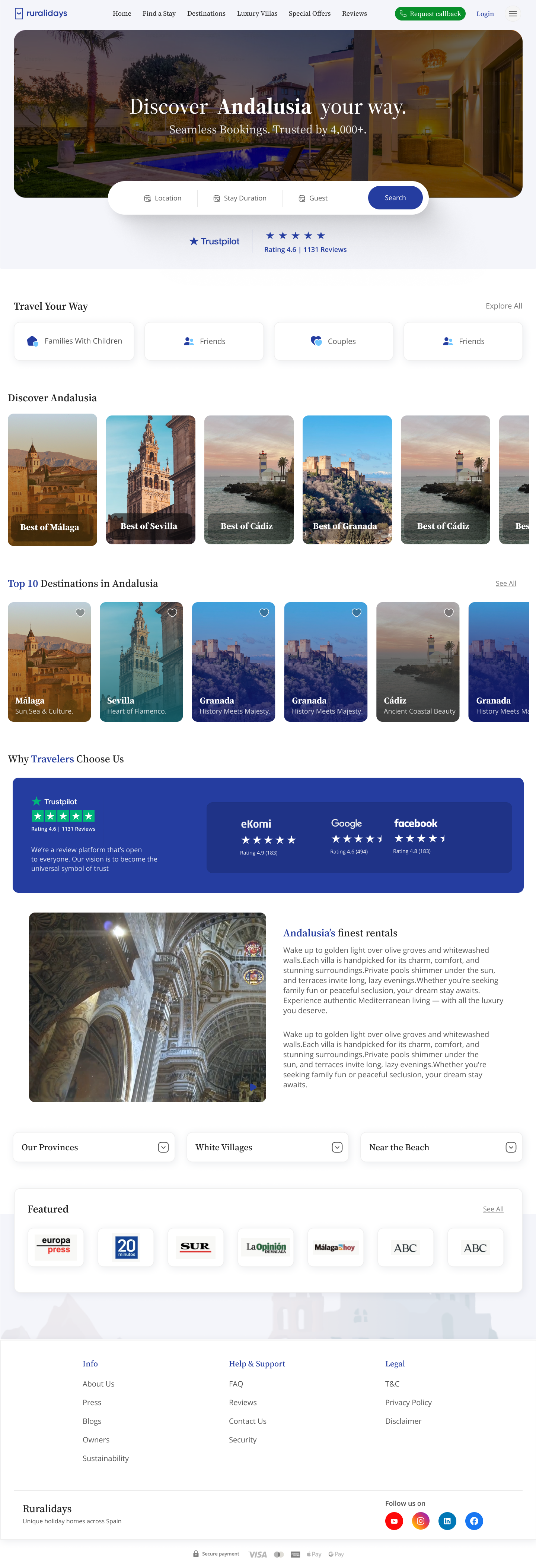 Ruralidays homepage — hero, search, Trustpilot rating and featured stays